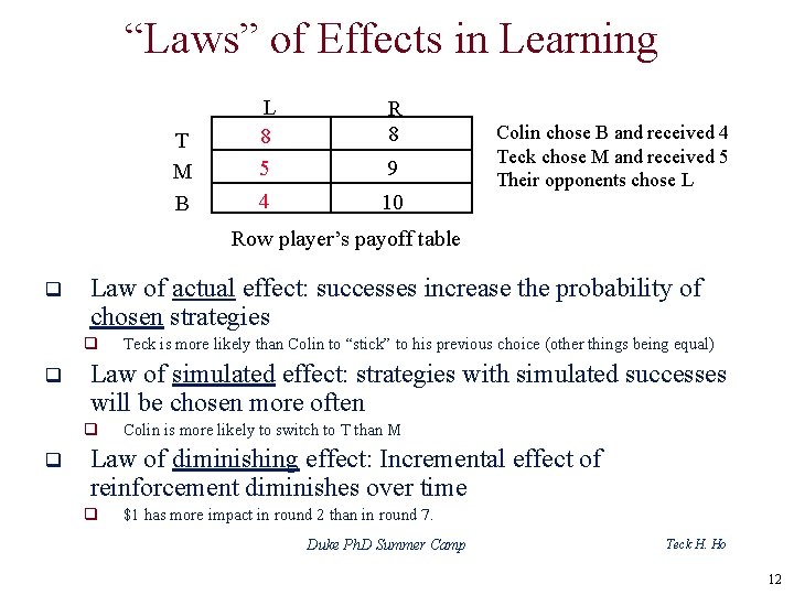 “Laws” of Effects in Learning T M B L 8 5 4 R 8
