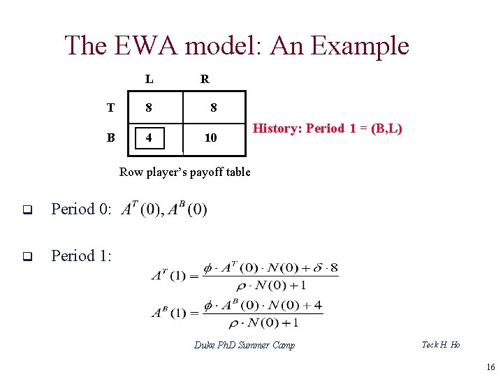 The EWA model: An Example L R T 8 8 B 4 10 History: