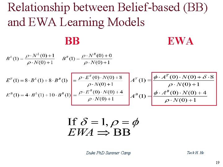 Relationship between Belief-based (BB) and EWA Learning Models BB EWA Duke Ph. D Summer