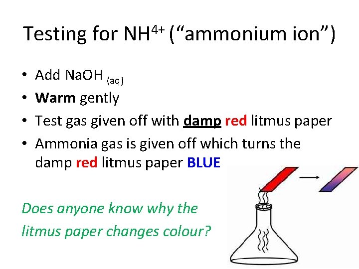 Testing for NH 4+ (“ammonium ion”) • • Add Na. OH (aq) Warm gently