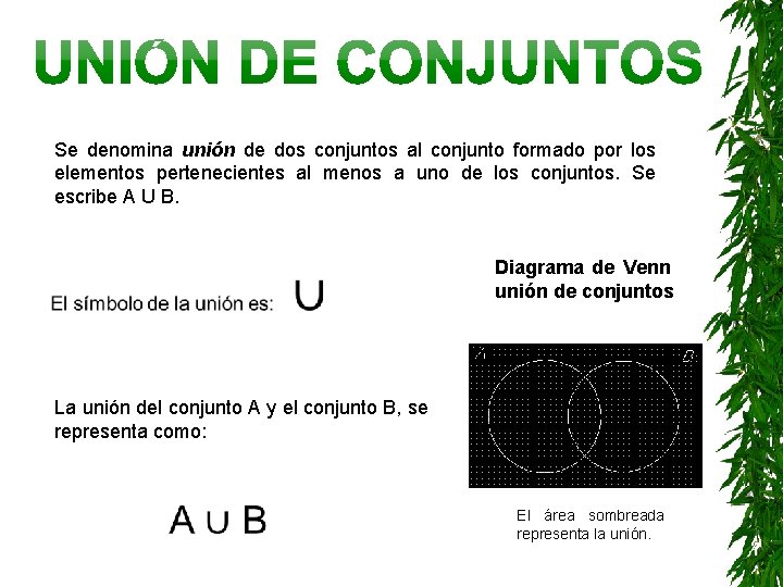 Se denomina unión de dos conjuntos al conjunto formado por los elementos pertenecientes al