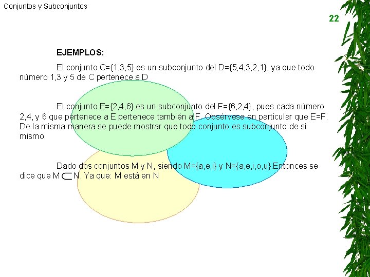 Conjuntos y Subconjuntos 22 EJEMPLOS: El conjunto C={1, 3, 5} es un subconjunto del