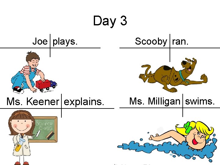 Day 3 Joe plays. Ms. Keener explains. Scooby ran. Ms. Milligan swims. 
