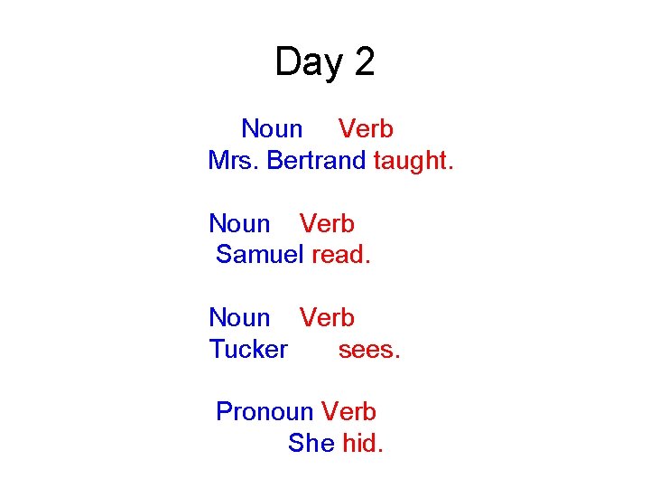 Day 2 Noun Verb Mrs. Bertrand taught. Noun Verb Samuel read. Noun Verb Tucker