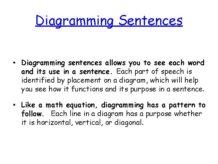 Diagramming Sentences • Diagramming sentences allows you to see each word and its use