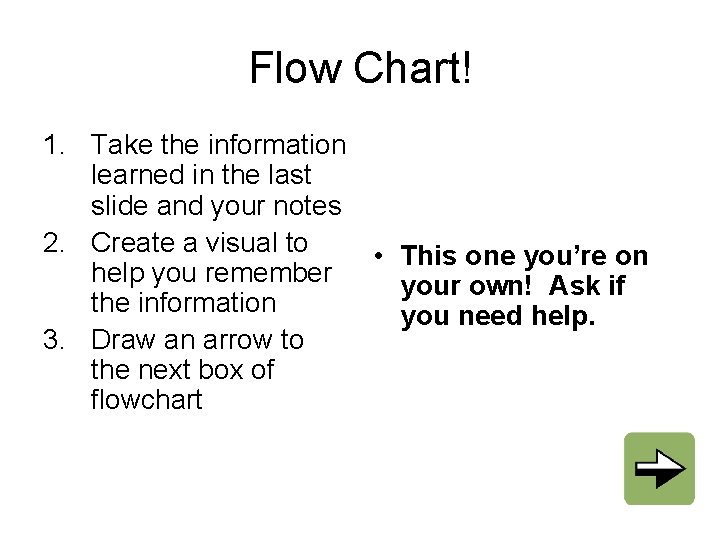 Flow Chart! 1. Take the information learned in the last slide and your notes