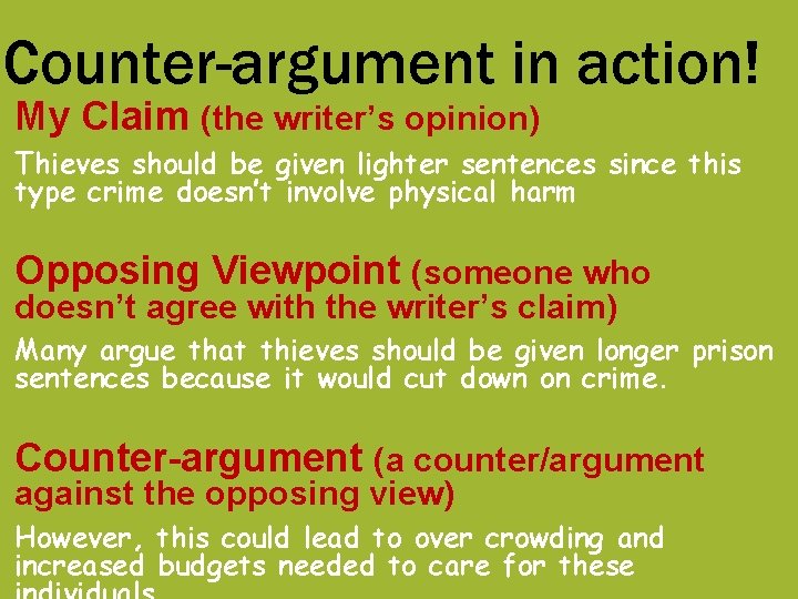 Counter-argument in action! My Claim (the writer’s opinion) Thieves should be given lighter sentences