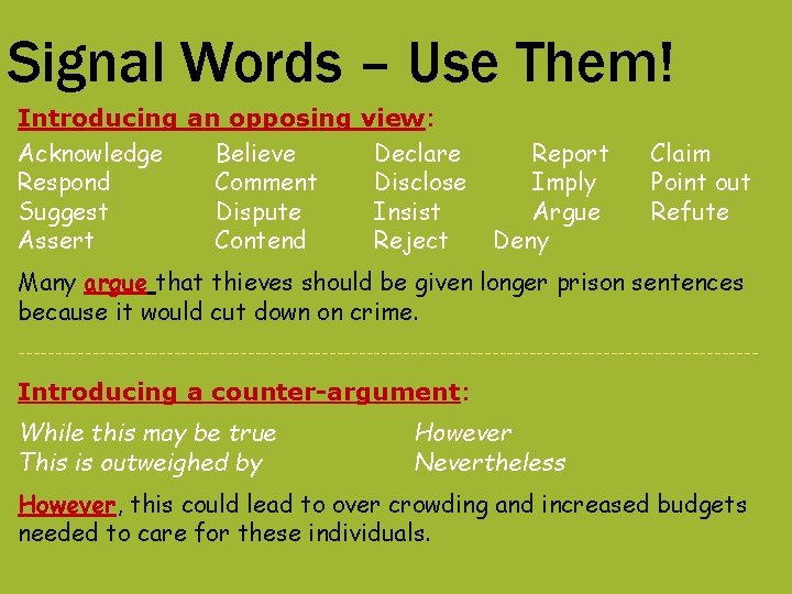 Signal Words – Use Them! Introducing an opposing Acknowledge Believe Respond Comment Suggest Dispute