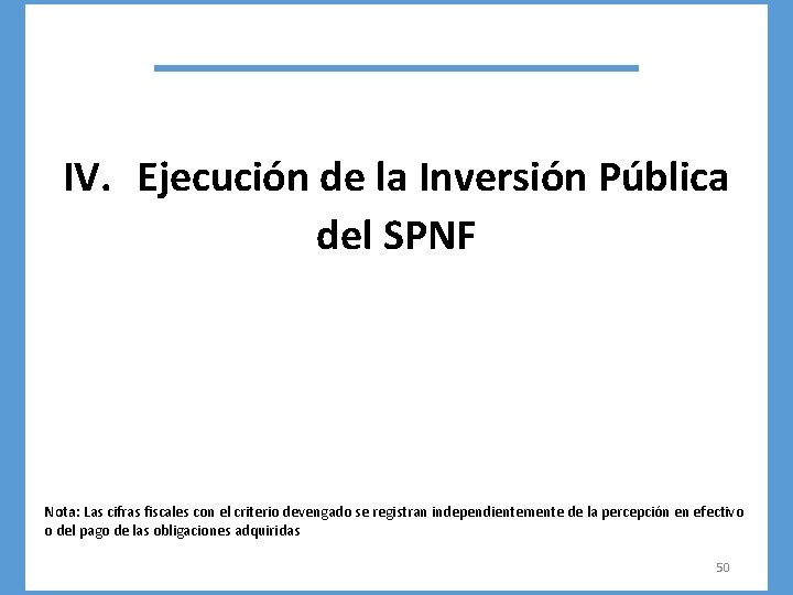 IV. Ejecución de la Inversión Pública del SPNF Nota: Las cifras fiscales con el