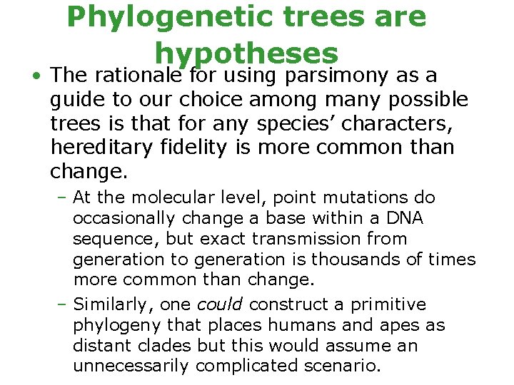 Phylogenetic trees are hypotheses • The rationale for using parsimony as a guide to