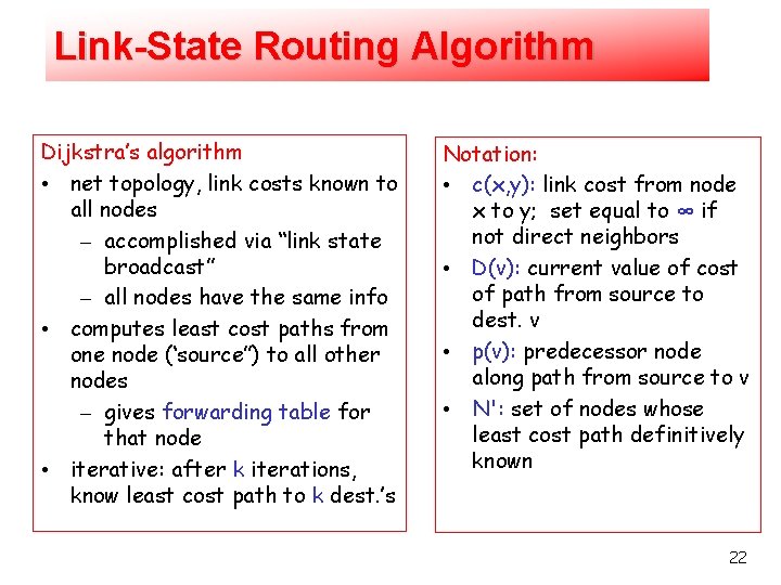 Link-State Routing Algorithm Dijkstra’s algorithm • net topology, link costs known to all nodes