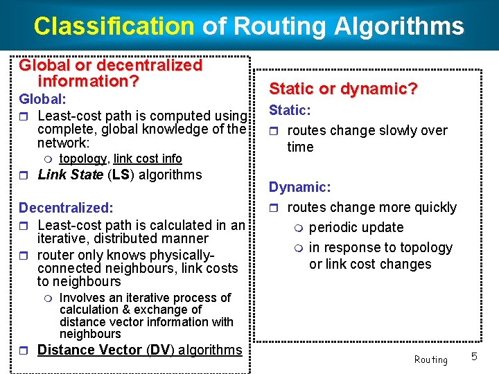 Classification of Routing Algorithms Global or decentralized information? Global: Least-cost path is computed using