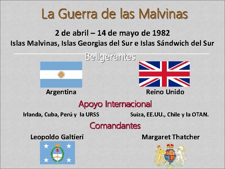La Guerra de las Malvinas 2 de abril – 14 de mayo de 1982