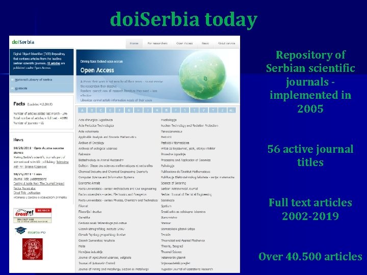 doi. Serbia today Repository of Serbian scientific journals implemented in 2005 56 active journal