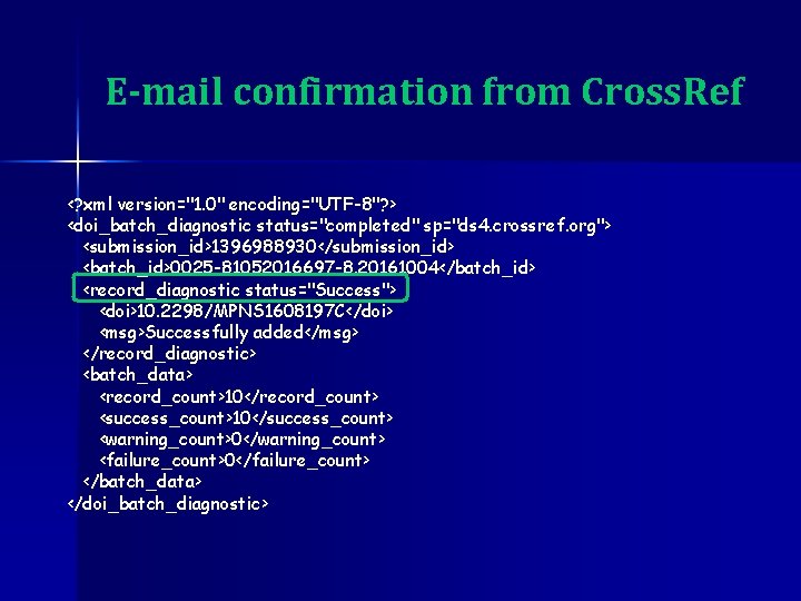 E-mail confirmation from Cross. Ref <? xml version="1. 0" encoding="UTF-8"? > <doi_batch_diagnostic status="completed" sp="ds
