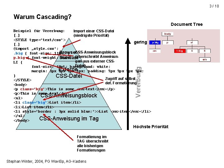 3 / 10 Warum Cascading? Document Tree Vererbung Beispiel für Vererbung: Import einer CSS-Datei