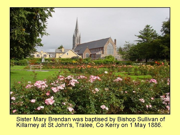 Sister Mary Brendan was baptised by Bishop Sullivan of Killarney at St John’s, Tralee,