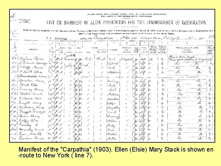 Manifest of the "Carpathia" (1903). Ellen (Elsie) Mary Stack is shown en -route to