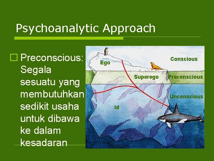 Psychoanalytic Approach o Preconscious: Segala sesuatu yang membutuhkan sedikit usaha untuk dibawa ke dalam