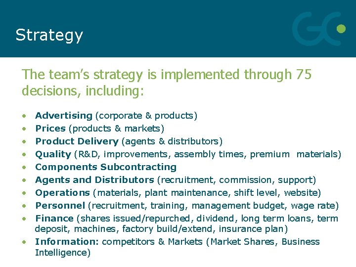 Strategy The team’s strategy is implemented through 75 decisions, including: • • • Advertising