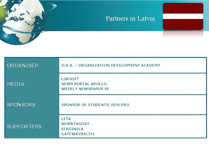 Partners in Latvia ORGANISER O. D. A. – ORGANIZATION DEVELOPMENT ACADEMY MEDIA LURSOFT NEWS
