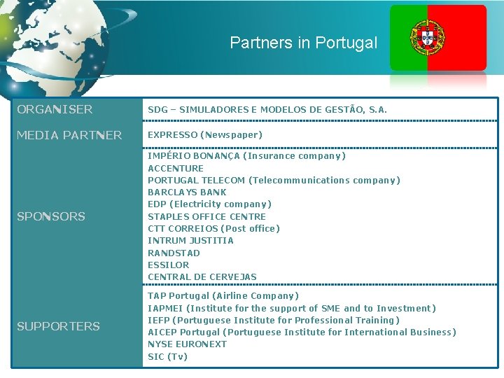 Partners in Portugal ORGANISER SDG – SIMULADORES E MODELOS DE GESTÃO, S. A. MEDIA