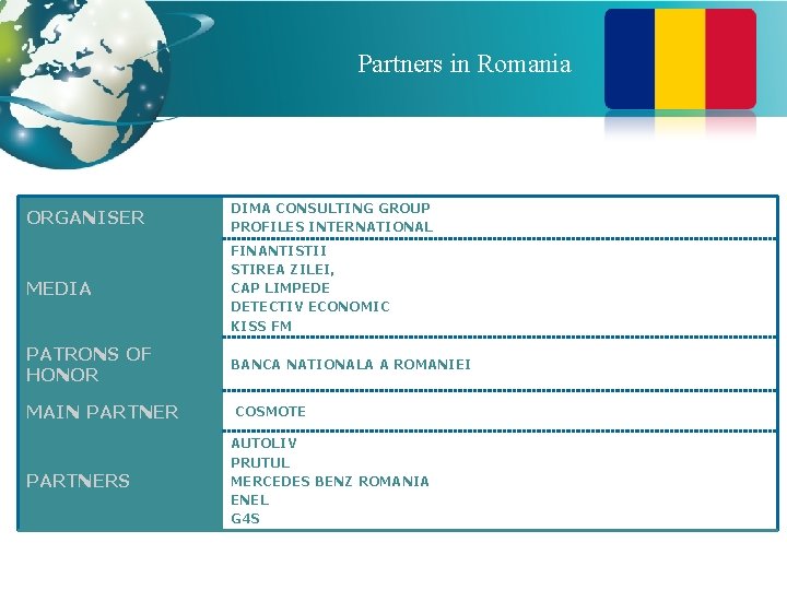 Partners in Romania ORGANISER DIMA CONSULTING GROUP PROFILES INTERNATIONAL MEDIA FINANTISTII STIREA ZILEI, CAP