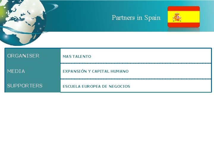 Partners in Spain ORGANISER MAS TALENTO MEDIA EXPANSIÓN Y CAPITAL HUMANO SUPPORTERS ESCUELA EUROPEA