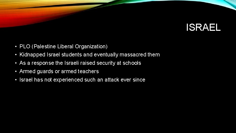 ISRAEL • PLO (Palestine Liberal Organization) • Kidnapped Israel students and eventually massacred them