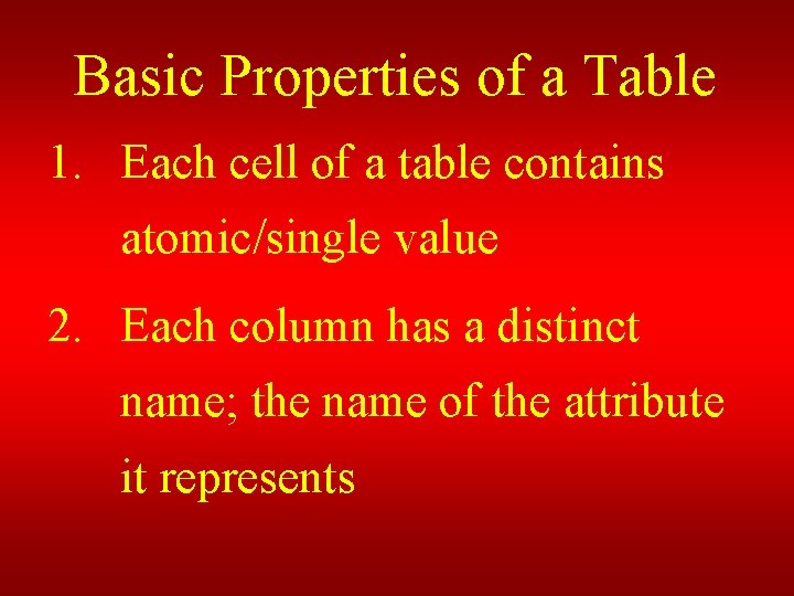 Basic Properties of a Table 1. Each cell of a table contains atomic/single value