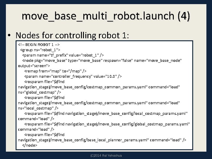 move_base_multi_robot. launch (4) • Nodes for controlling robot 1: <!-- BEGIN ROBOT 1 -->