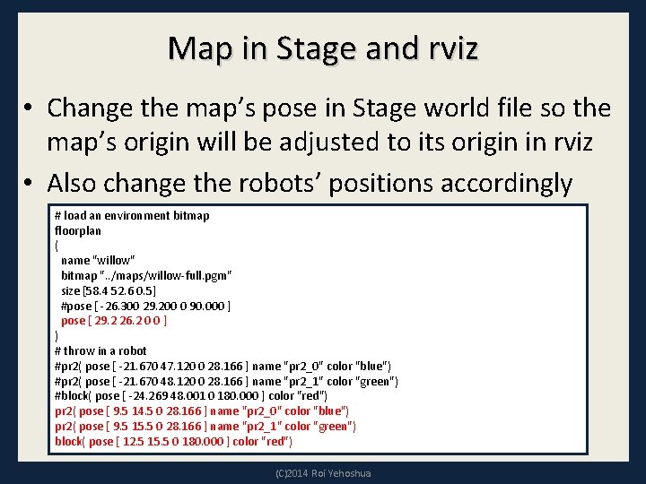 Map in Stage and rviz • Change the map’s pose in Stage world file