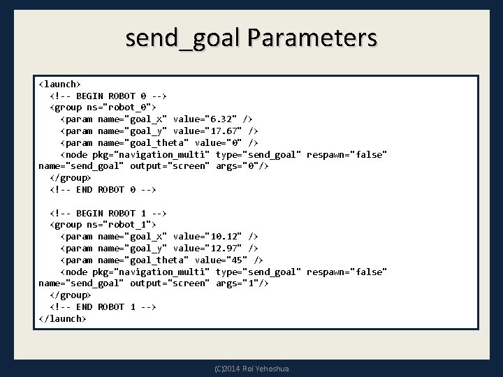 send_goal Parameters <launch> <!-- BEGIN ROBOT 0 --> <group ns="robot_0"> <param name="goal_x" value="6. 32"