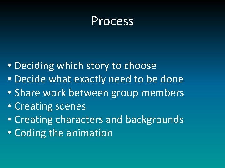 Process • Deciding which story to choose • Decide what exactly need to be