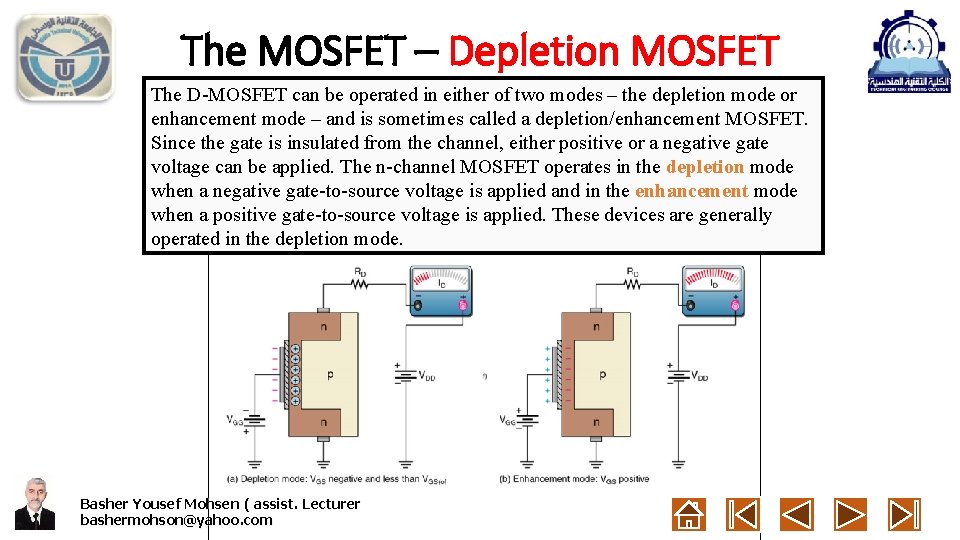 The MOSFET – Depletion MOSFET The D-MOSFET can be operated in either of two