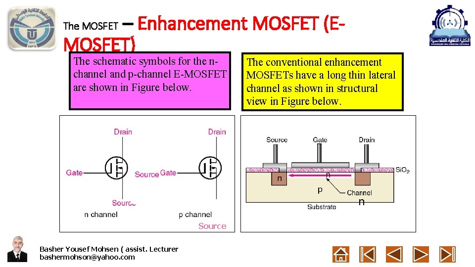 – Enhancement MOSFET (EMOSFET) The MOSFET The schematic symbols for the nchannel and p-channel