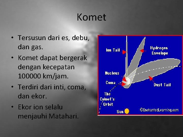 Komet • Tersusun dari es, debu, dan gas. • Komet dapat bergerak dengan kecepatan