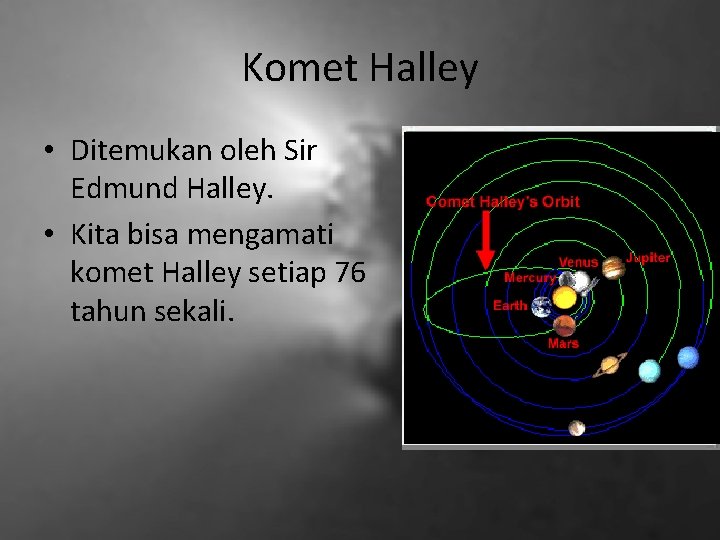 Komet Halley • Ditemukan oleh Sir Edmund Halley. • Kita bisa mengamati komet Halley