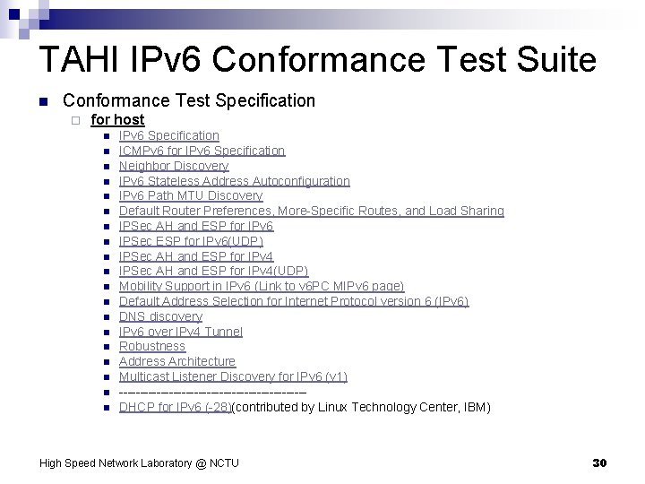 TAHI IPv 6 Conformance Test Suite n Conformance Test Specification ¨ for host n