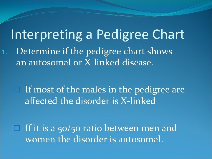 Interpreting a Pedigree Chart 1. Determine if the pedigree chart shows an autosomal or