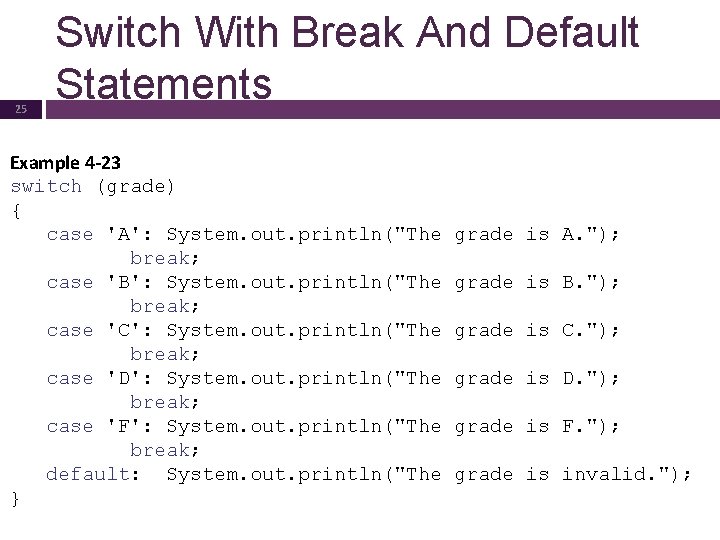 25 Switch With Break And Default Statements Example 4 -23 switch (grade) { case
