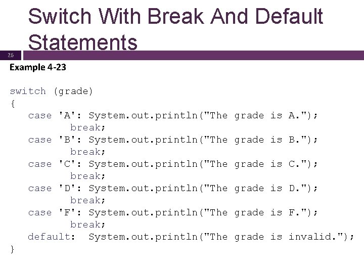 26 Switch With Break And Default Statements Example 4 -23 switch (grade) { case