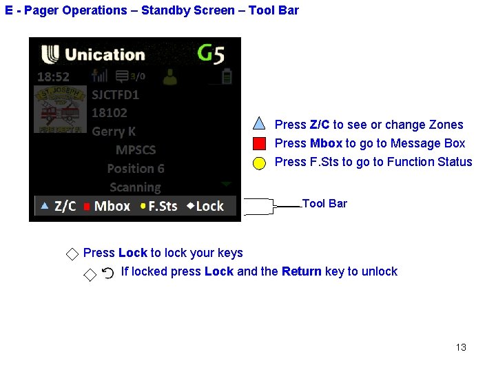 E - Pager Operations – Standby Screen – Tool Bar Press Z/C to see