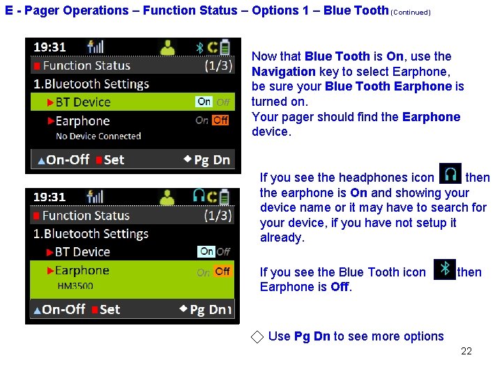 E - Pager Operations – Function Status – Options 1 – Blue Tooth (Continued)