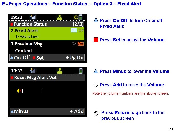 E - Pager Operations – Function Status – Option 3 – Fixed Alert Press