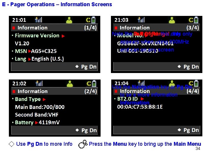 E - Pager Operations – Information Screens Note the In Out Range!, Of Range!,