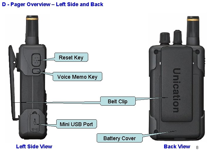 D - Pager Overview – Left Side and Back Reset Key Voice Memo Key