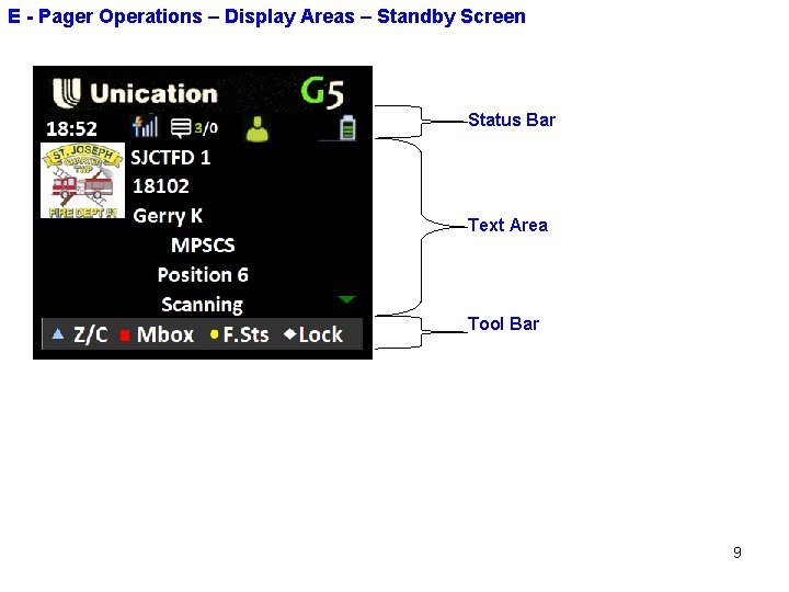 E - Pager Operations – Display Areas – Standby Screen Status Bar Text Area