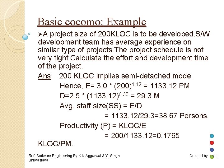 Basic cocomo: Example ØA project size of 200 KLOC is to be developed. S/W