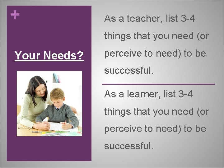 + As a teacher, list 3 -4 things that you need (or Your Needs?